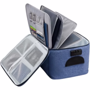 Geanta Flippy pentru Depozitare Acte si Documente, Facturi, Carduri, cu Cod de Securitate, 5 Compartimente, Impermeabila, 37 x 20 x 27 cm, Albastru