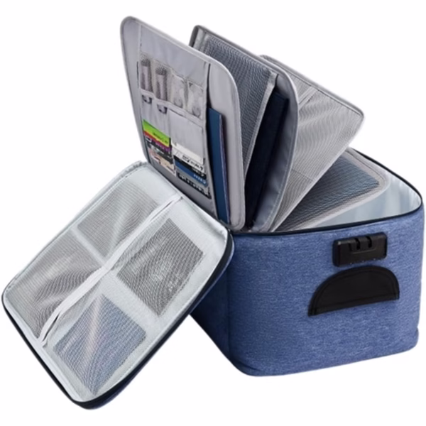 Geanta Flippy pentru Depozitare Acte si Documente, Facturi, Carduri, cu Cod de Securitate, 5 Compartimente, Impermeabila, 37 x 20 x 27 cm, Albastru - imagine 1