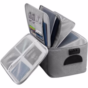 Geanta Flippy pentru Depozitare Acte si Documente, Facturi, Carduri, cu Cod de Securitate, 5 Compartimente, Impermeabila, 37 x 20 x 27 cm, Gri