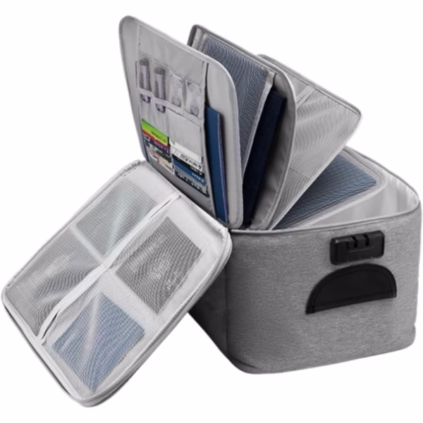 Geanta Flippy pentru Depozitare Acte si Documente, Facturi, Carduri, cu Cod de Securitate, 5 Compartimente, Impermeabila, 37 x 20 x 27 cm, Gri - imagine 1