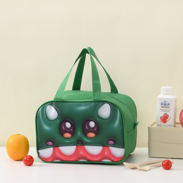 Geantă Frigorifică, Flippy, cu Desene Animat 3D, Portabilă pentru Copii, de Prânz, din Pânză Oxford, 27.5x18x20 cm, Model Crocodil, Verde - imagine 3