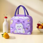 Geantă Frigorifică, Flippy, cu Desene Animate 3D, Portabilă pentru Copii, de Prânz, din Pânză Oxford, 23x13x19 cm, Model Pisicuta, Mov - imagine 3