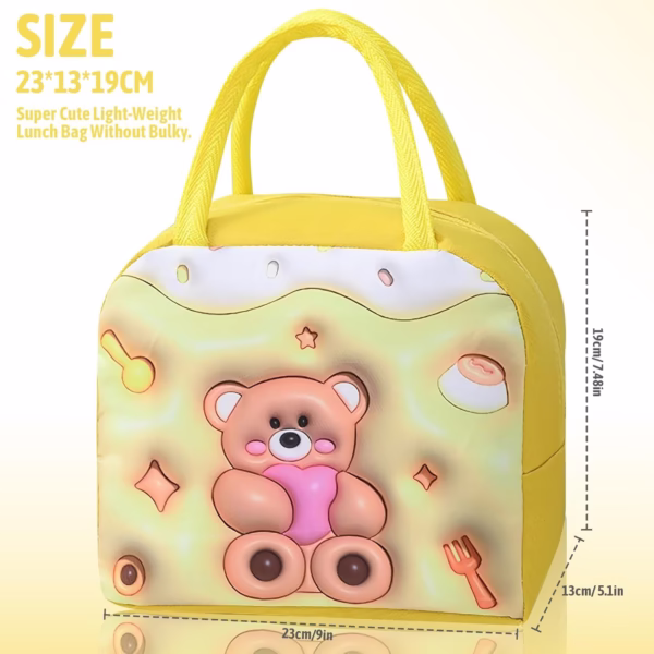 Geantă Frigorifică, Flippy, cu Desene Animate 3D, Portabilă pentru Copii, de Prânz, din Pânză Oxford, 23x13x19 cm, Model Ursulet, Galben - imagine 7