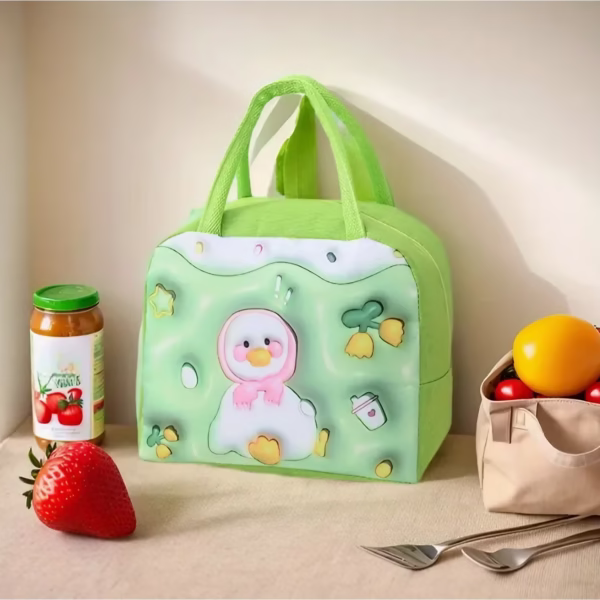 Geantă Frigorifică, Flippy, cu Desene Animate 3D, Portabilă pentru Copii, de Prânz, din Pânză Oxford, 23x13x19 cm, Model Ratusca, Verde - imagine 3