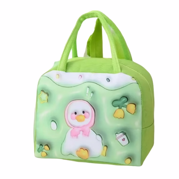 Geantă Frigorifică, Flippy, cu Desene Animate 3D, Portabilă pentru Copii, de Prânz, din Pânză Oxford, 23x13x19 cm, Model Ratusca, Verde - imagine 1
