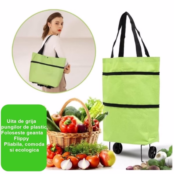 Geanta Pliabila, Flippy, 2 in 1, Carucior cu Roti, pentru Cumparaturi, 19 l, Verde, Plastic, 39 x 46 x 12 cm - imagine 1