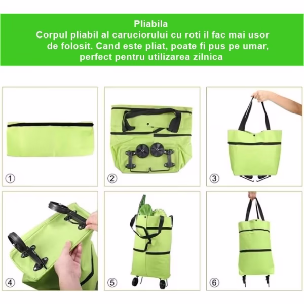 Geanta Pliabila, Flippy, 2 in 1, Carucior cu Roti, pentru Cumparaturi, 19 l, Verde, Plastic, 39 x 46 x 12 cm - imagine 2