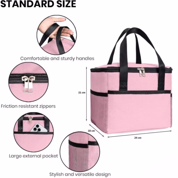 Geanta Termica Flippy pentru Pranz, Compartimente Telefon si Tacamuri, Multifunctionala, Impermeabila, 24x18x21 cm, Roz - imagine 3