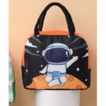 Geanta Termoizolanta pentru Copii, Flippy, 23x13x19 cm, Model Imprimeu Astronaut, din Folie de Aluminiu si Panza Oxford, Negru/Portocaliu - imagine 3