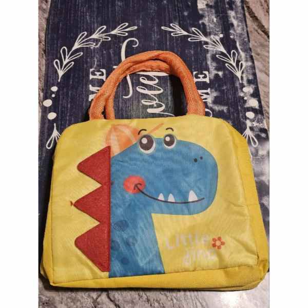Geanta Termoizolanta pentru Copii, Flippy, 23x13x19 cm, Model Imprimeu Dinozaur, din Folie de Aluminiu si Panza Oxford, Albastru/Galben - imagine 6