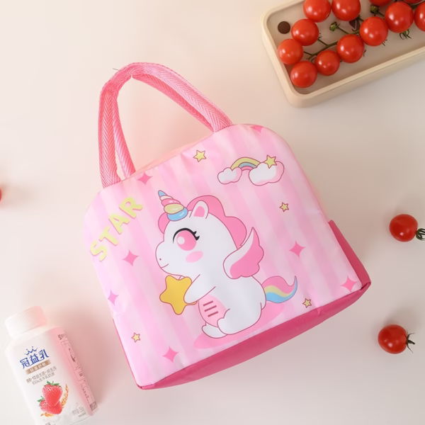 Geanta Termoizolanta pentru Copii, Flippy, 23x13x19 cm, Model Imprimeu Unicorn, din Folie de Aluminiu si Panza Oxford, Roz - imagine 6