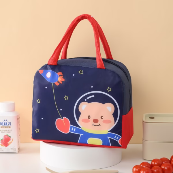 Geanta Termoizolanta pentru Copii, Flippy, 23x13x19 cm, Model Imprimeu Ursulet Astronaut, din Folie de Aluminiu si Panza Oxford, Albastru/Rosu - imagine 2