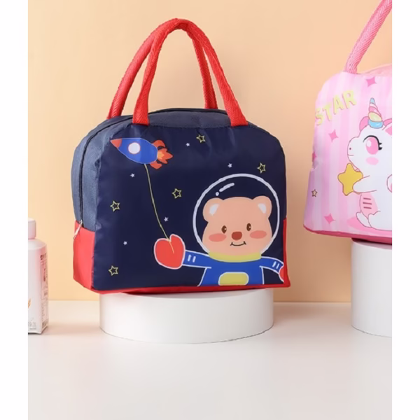 Geanta Termoizolanta pentru Copii, Flippy, 23x13x19 cm, Model Imprimeu Ursulet Astronaut, din Folie de Aluminiu si Panza Oxford, Albastru/Rosu - imagine 3