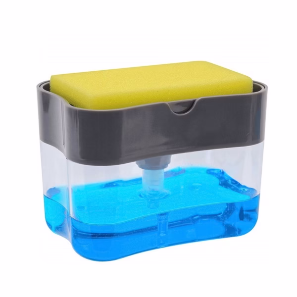 Dozator Flippy, Dispenser 2 in 1 pentru Detergent Lichid de Vase sau pentru Obiecte Sanitare cu Suport pentru Burete de Bucatarie ,14 x 10.5 x 10 cm, capacitate 380 ml, gri - imagine 1