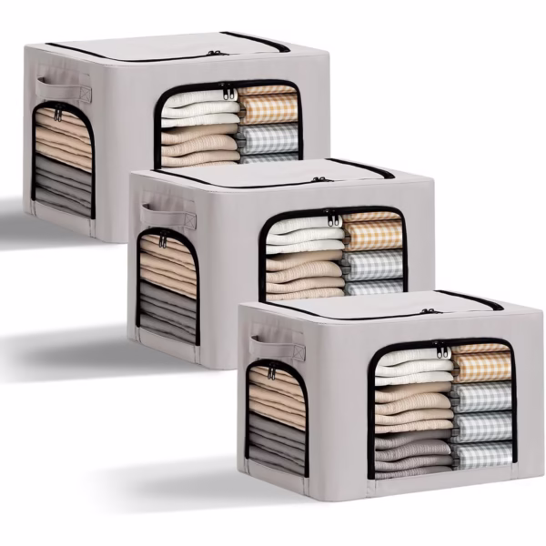 Cutie de Depozitare, Flippy, cu 3 Ferestre cu Fermoar Bidirectional, Cadru din Otel, Impermeabil, 38L, 42 x 30 x 30 cm, Gri - imagine 6