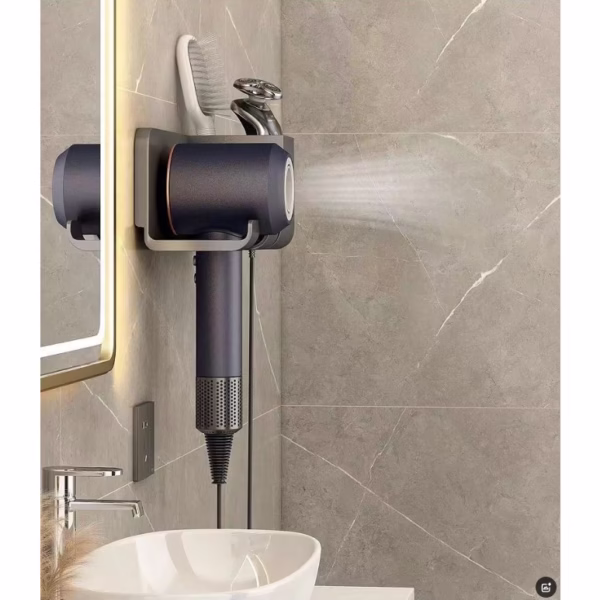 Suport de Baie, Flippy, pentru Uscator de Par, cu Organizator Dublu, din Plastic, Aplicare cu Suport Adeziv, 23 x 8.8 x 9.5 cm, Gri - imagine 4