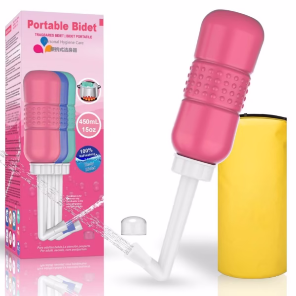Bideu Portabil pentru Igiena Intima, Flippy, pentru Postpartum/ Postoperator, 450 mL, cu Capac si Husa Galbena, 29.5x7 cm, Culoare Recipient Roz - imagine 5