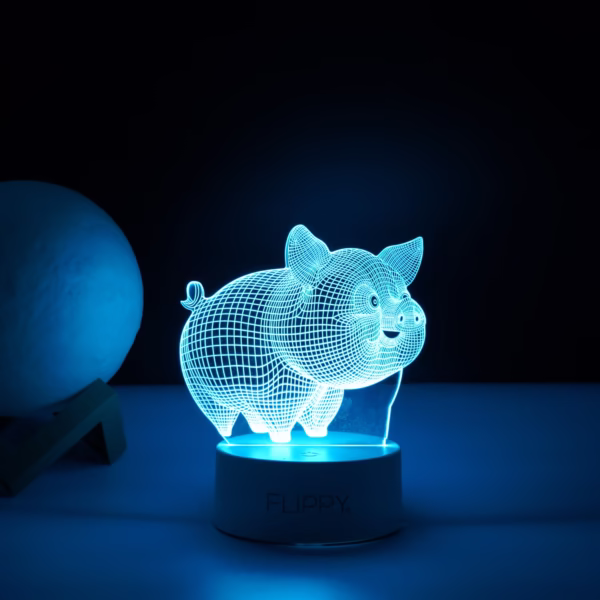Lampa LED decorativa, Flippy, 3D, Porcusor Gras, din material acril si lumina multicolora, alb - imagine 2