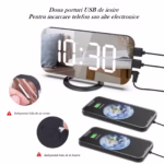 Ceas digital cu LED, Flippy, multifunctional, afisaj digital, alarma, 2 porturi USB de iesire, ecran tip oglinda, modern, 15.8 cm, negru - imagine 3