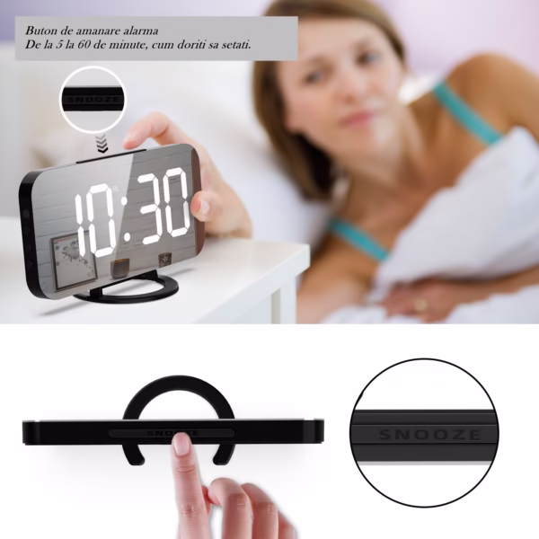 Ceas digital cu LED, Flippy, multifunctional, afisaj digital, alarma, 2 porturi USB de iesire, ecran tip oglinda, modern, 15.8 cm, negru - imagine 4