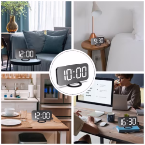 Ceas digital cu LED, Flippy, multifunctional, afisaj digital, alarma, 2 porturi USB de iesire, ecran tip oglinda, modern, 15.8 cm, alb