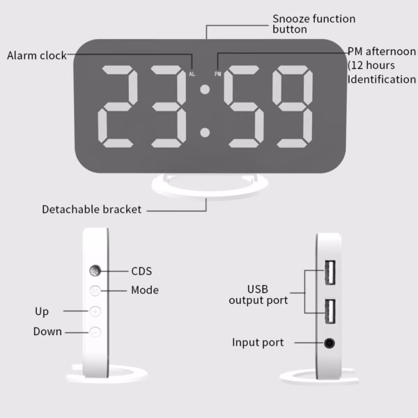 Ceas digital cu LED, Flippy, multifunctional, afisaj digital, alarma, 2 porturi USB de iesire, ecran tip oglinda, modern, 15.8 cm, alb - imagine 12