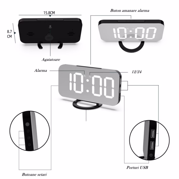 Ceas digital cu LED, Flippy, multifunctional, afisaj digital, alarma, 2 porturi USB de iesire, ecran tip oglinda, modern, 15.8 cm, alb - imagine 13