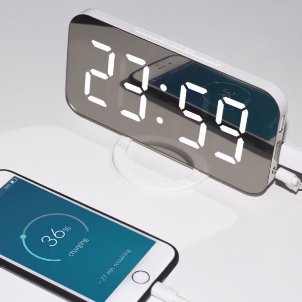 Ceas digital cu LED, Flippy, multifunctional, afisaj digital, alarma, 2 porturi USB de iesire, ecran tip oglinda, modern, 15.8 cm, alb - imagine 14
