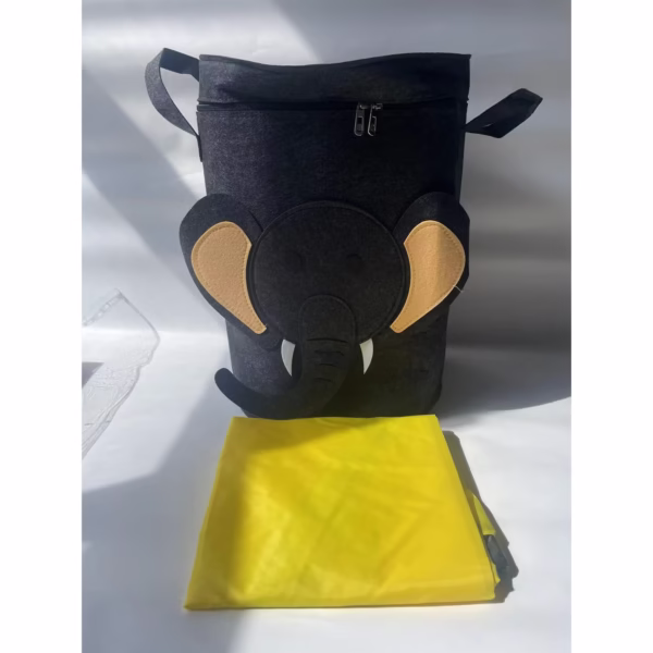Cutie de Depozitare 2In1, Flippy, Impermeabila, Covor pentru Jucarii si Lego 150cm, Capacitate Mare, cu Manere, cu Sfori, Inaltime 40cm, Model Elefan, Gri - imagine 2