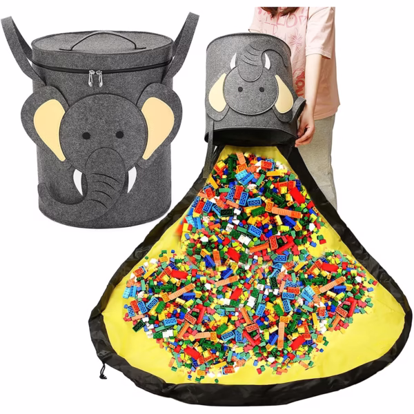 Cutie de Depozitare 2In1, Flippy, Impermeabila, Covor pentru Jucarii si Lego 150cm, Capacitate Mare, cu Manere, cu Sfori, Inaltime 40cm, Model Elefan, Gri - imagine 3