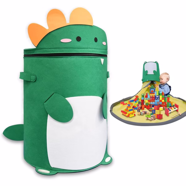 Cutie de Depozitare 2In1, Flippy, Impermeabila, Covor pentru Jucarii si Lego 150cm, Capacitate Mare, cu Manere, cu Sfori, Inaltime 40cm, Model Dinozaur, Verde - imagine 5