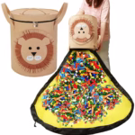 Cutie de Depozitare 2In1, Flippy, Impermeabila, Covor pentru Jucarii si Lego 150cm, Capacitate Mare, cu Manere, cu Sfori, Inaltime 40cm, Model Leu, Maro - imagine 3