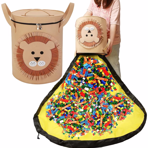 Cutie de Depozitare 2In1, Flippy, Impermeabila, Covor pentru Jucarii si Lego 150cm, Capacitate Mare, cu Manere, cu Sfori, Inaltime 40cm, Model Leu, Maro - imagine 3
