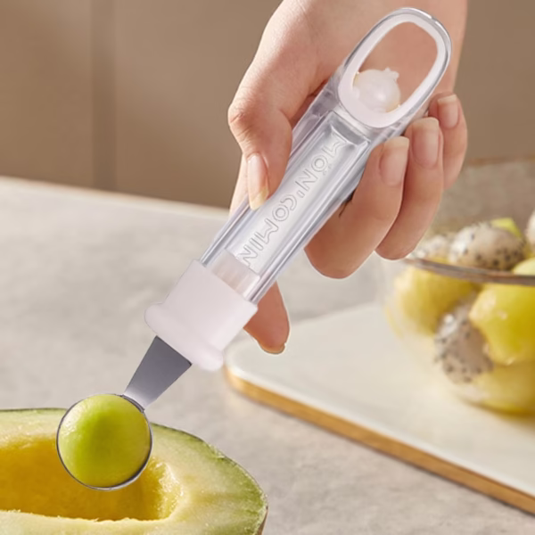 Lingura pentru Bile de Fructe, Flippy, Scobitor Fructe, Ustensila Multifunctionala pentru Fructe, Accesoriu de Bucatarie, Lingura Antialunecare pentru Salata de Fructe, 17.6 x 2.9 cm, Bej - imagine 3
