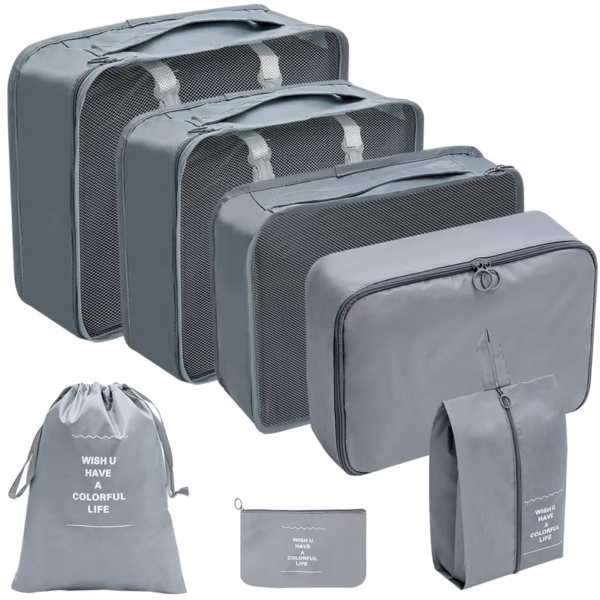 Set 7 Genti de Calatorie, Flippy, pentru Depozitare, Compresibile, 7 Dimensiuni, Impermeabile, Design cu Plasa, Pliabile, Manere Robuste, Fermoar dublu, Gri - imagine 1