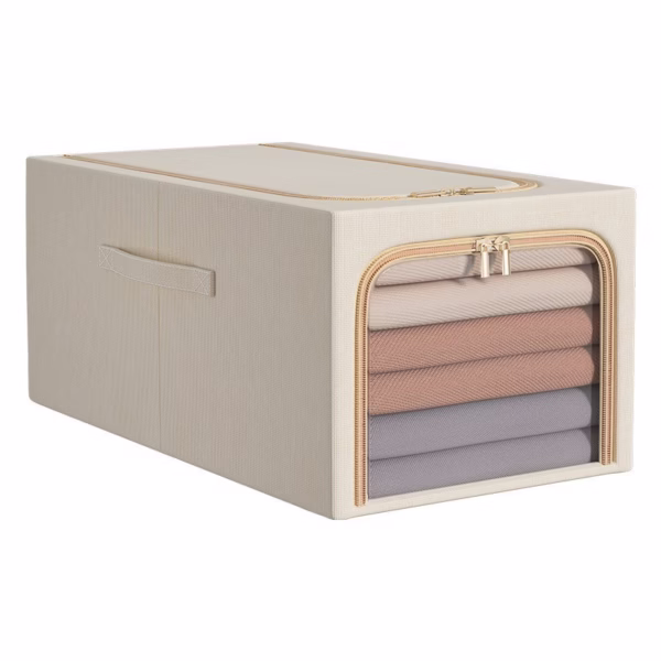 Cutie de Depozitare, Flippy, 31L, din In si Bumbac, Pliabila, Cadru din Otel, 45 x 30 x 23 cm, Kaki - imagine 1