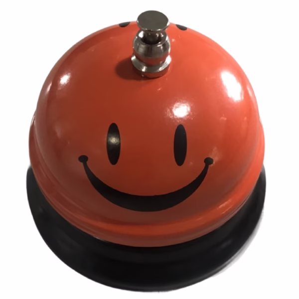 Clopotel Metalic Multifunctional, Flippy, Portocaliu cu Imprimeu Smiley Face, 7.5x7.5x6.5 cm, Receptie, Restaurant, Cafenele - imagine 1