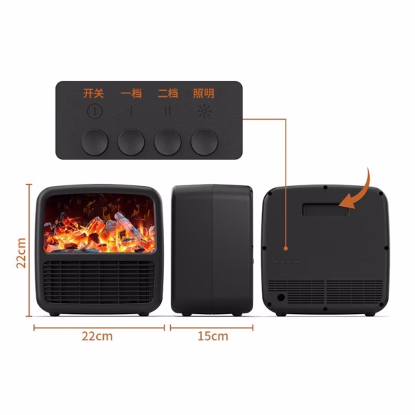 Mini Aeroterma Portabila, Flippy, Display LCD, Flacara Tip Semineu, 1500W, 2 Trepte, Oprire Automata, 22 x 22 x 15 cm, Negru - imagine 5