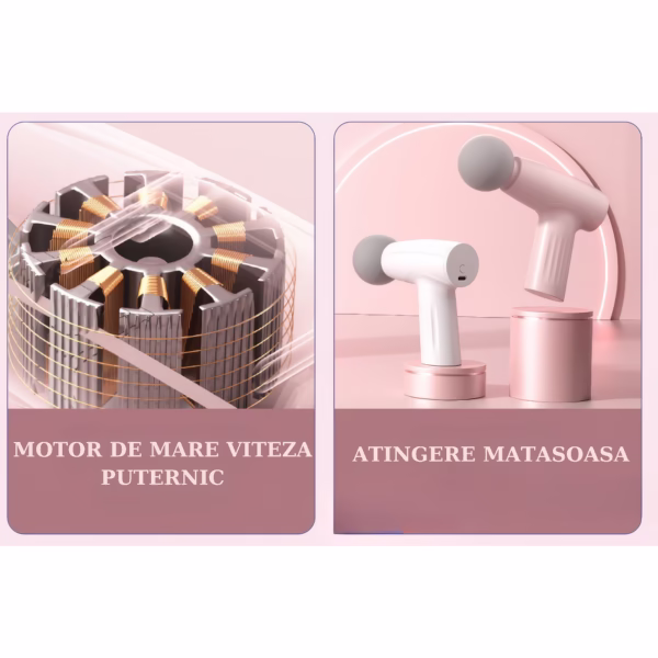 Mini Aparat de Masaj, Flippy, Tip Pistol, Incarcare USB Tip C, Portabil, Pentru Relaxare Musculara, Autonomie 120 Min, 3 Trepte de Viteza, Roz - imagine 6