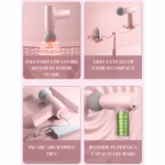 Mini Aparat de Masaj, Flippy, Tip Pistol, Incarcare USB Tip C, Portabil, Pentru Relaxare Musculara, Autonomie 120 Min, 3 Trepte de Viteza, Roz - imagine 7