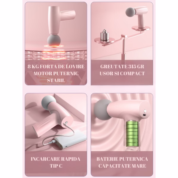 Mini Aparat de Masaj, Flippy, Tip Pistol, Incarcare USB Tip C, Portabil, Pentru Relaxare Musculara, Autonomie 120 Min, 3 Trepte de Viteza, Roz - imagine 7
