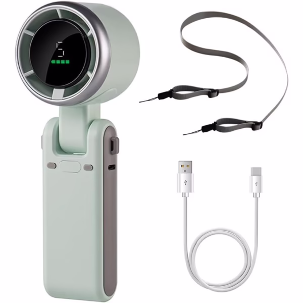 Mini Ventilator Portabil, Flippy, 5 Trepte de Viteza, Afisaj Digital, Incarcare USB, 5V, 2A, 5.95 x 5.2 x 17.2 cm, Verde - imagine 2