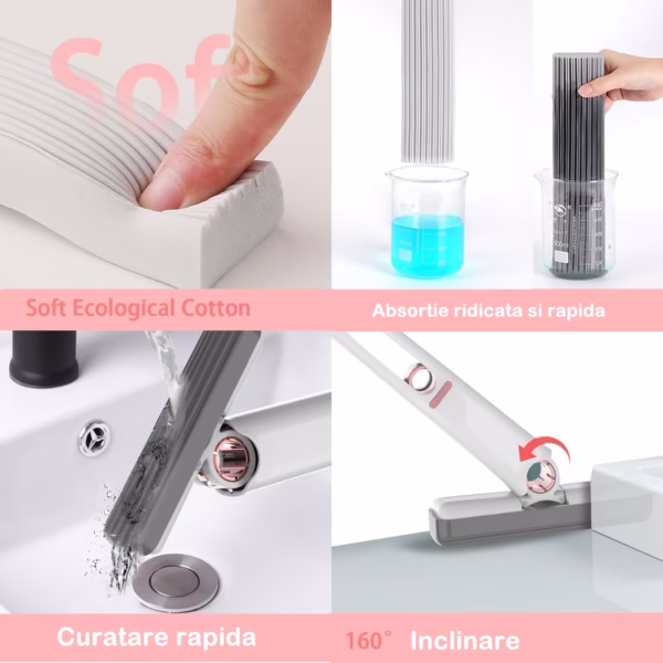 Mop de mana Flippy, mini-portabil, cu sistem de stoarcere, dispozitiv de curatat manual, cu burete absorbant, material PVA, multisuprafete si geamuri, 29.5 x 15.5 cm, alb - imagine 4