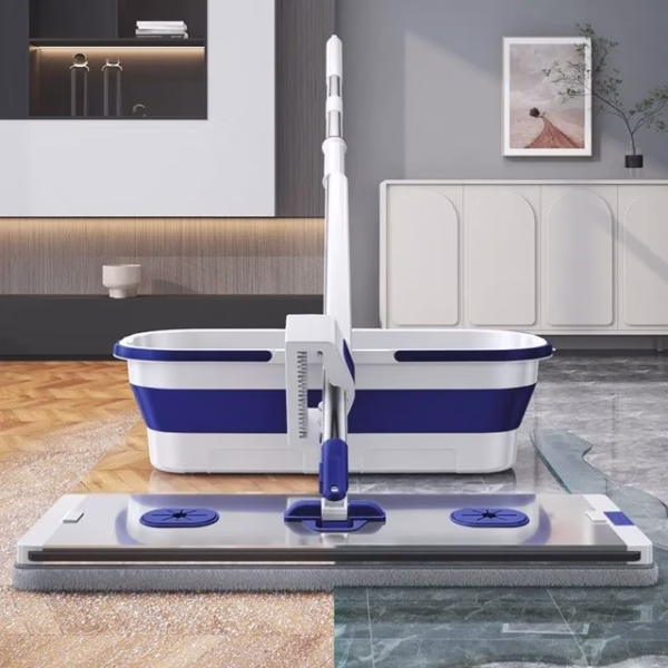 Mop Plat, Flippy, cu Galeata Pliabila, 2 Rezerve din Microfibra, 127 cm Tija Telescopica, Utilizare Umeda/Uscata, Recipient Lichid, Albastru - imagine 2