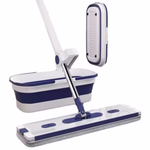 Mop Plat, Flippy, cu Galeata Pliabila, 2 Rezerve din Microfibra, 127 cm Tija Telescopica, Utilizare Umeda/Uscata, Recipient Lichid, Albastru