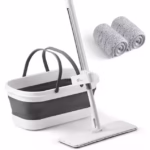 Mop Plat, Flippy, cu Galeata Pliabila, 2 Rezerve din Microfibra, 127 cm Tija Telescopica, Utilizare Umeda/Uscata, Recipient Lichid, Gri