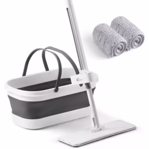 Mop Plat, Flippy, cu Galeata Pliabila, 2 Rezerve din Microfibra, 127 cm Tija Telescopica, Utilizare Umeda/Uscata, Recipient Lichid, Gri