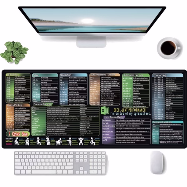 Mousepad cu Suport Tastatura, Flippy, Covoras pentru Masa de Birou cu Formule si Scurtaturi pentru Excel, Rezistent la Zgirieturi si Antiderapant 90 x 40 cm, Model 1 Negru - imagine 2