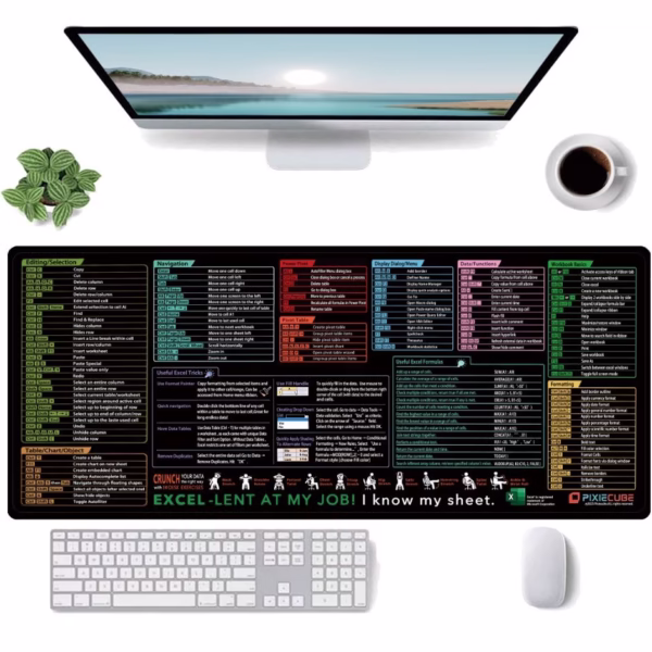 Mousepad cu Suport Tastatura, Flippy, Covoras pentru Masa de Birou cu Formule si Scurtaturi pentru Excel, Rezistent la Zgirieturi si Antiderapant 90 x 40 cm, Model 2, Negru - imagine 2