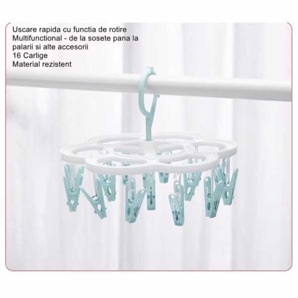 Uscator de Rufe Suspendat Flippy, cu 16 Carlige, Rotire 360 Grade, Mateiral Plastic, Usor de Depozitat, Multifunctional, 26 x 21 cm, Albastru - imagine 2